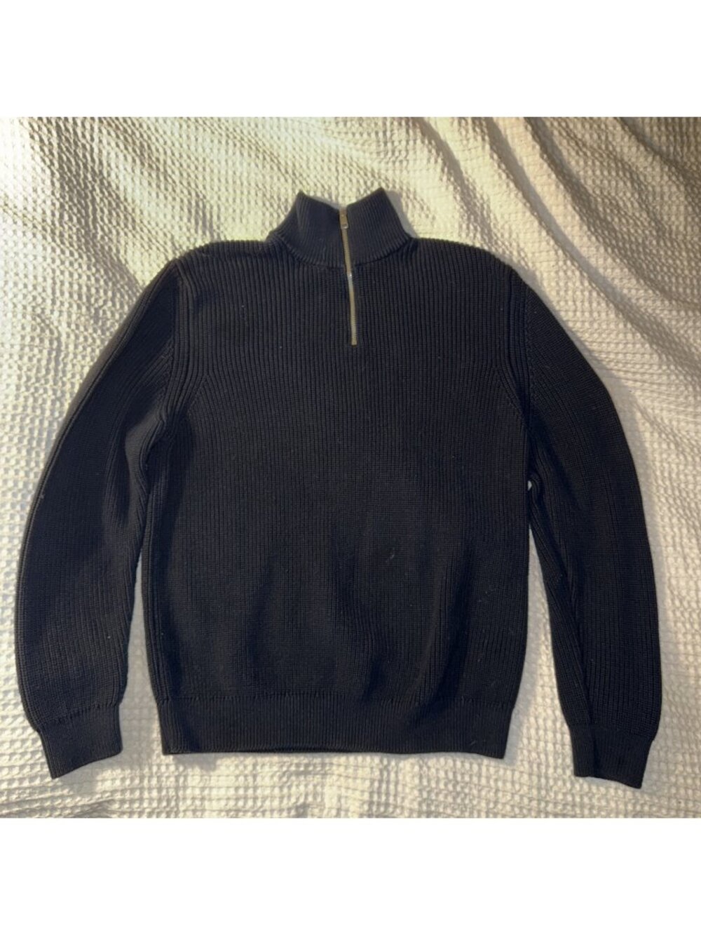 Zara Sweater Mens Size XL Blue Black 1/4 Zip Mock Neck Ribbed Cotton Knit Chunky